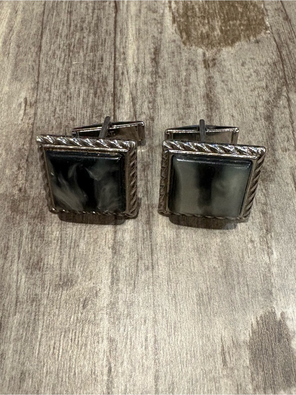 Silver Tone Cuff Links With Large Square Black/ White Swirl Inlay Stone